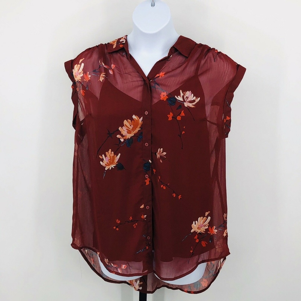 Burgundy Floral Button Down Layered Top Womens 1X